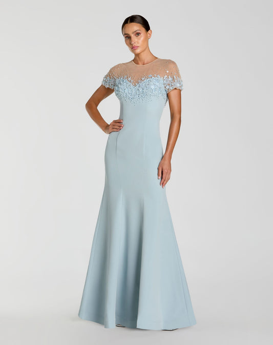 Mac Duggal Blue Crepe Mermaid Gown With Beaded Illusion Neck