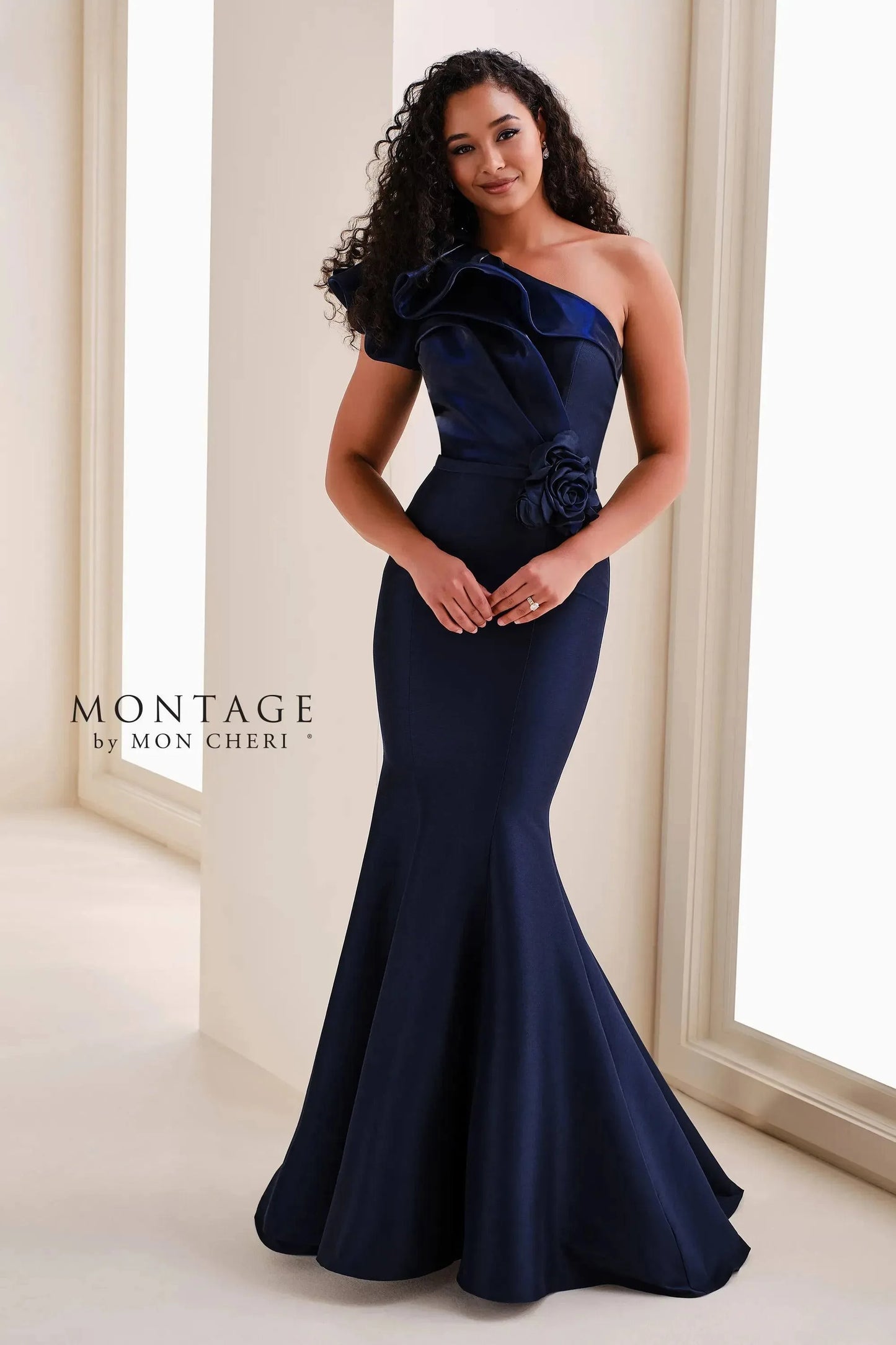 Mon Cheri Montage One-Shoulder Organza Mermaid Gown w/ 3D Flower