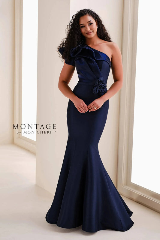 Mon Cheri Montage One-Shoulder Organza Mermaid Gown w/ 3D Flower