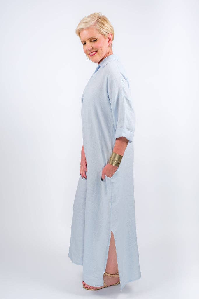 TINA Stephens Italy/Tees By Tina - Fernanda Open Collar Linen Dress (DQ107)