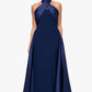 Betsy & Adam Dina Scuba Crepe Twist Halter Neck Floor Length Gown