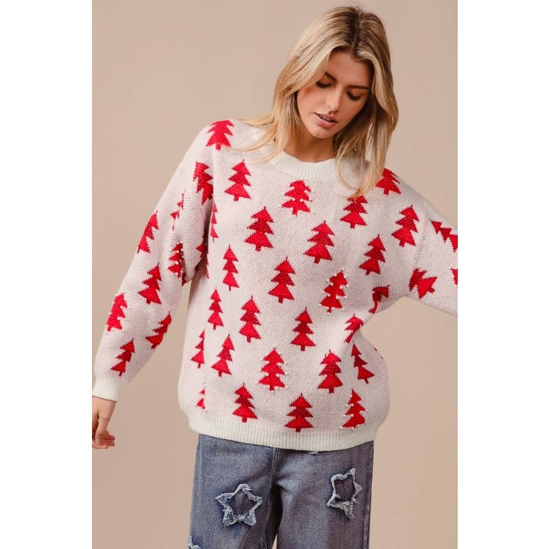 Bibi Pearl Beads Tree Pattern Christmas Sweater