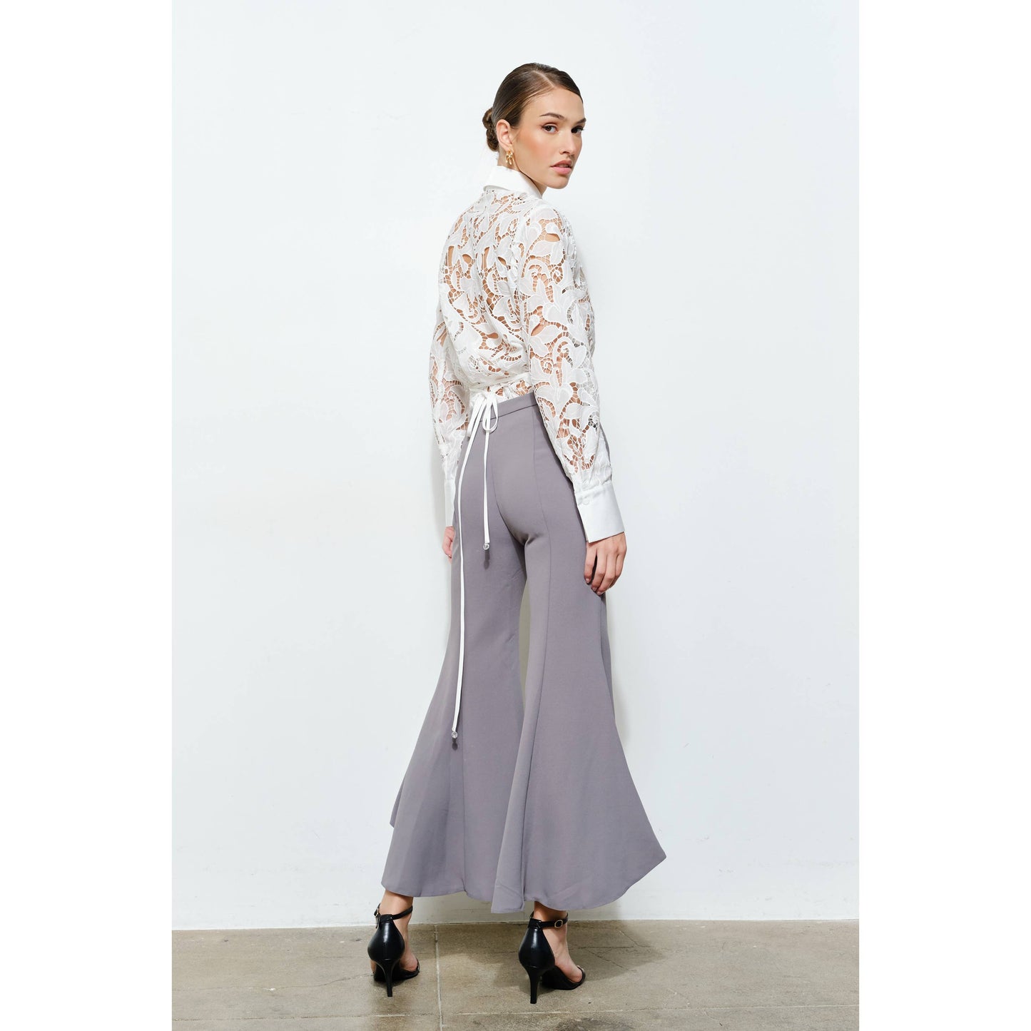 INA - Luxe Satin Contrast Collar Lace Button Down Blouse