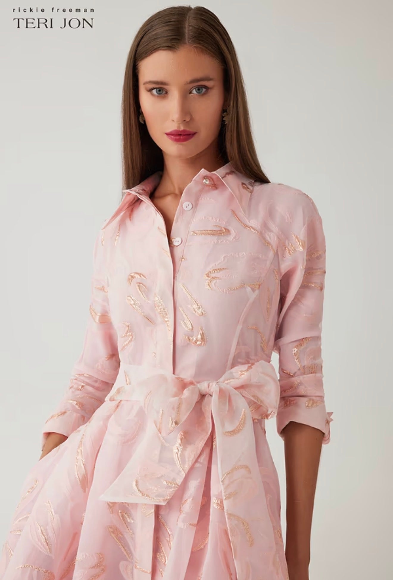 Teri Jon by Rickie Freeman Metallic Organza Jacquard Shirt Waist Gown