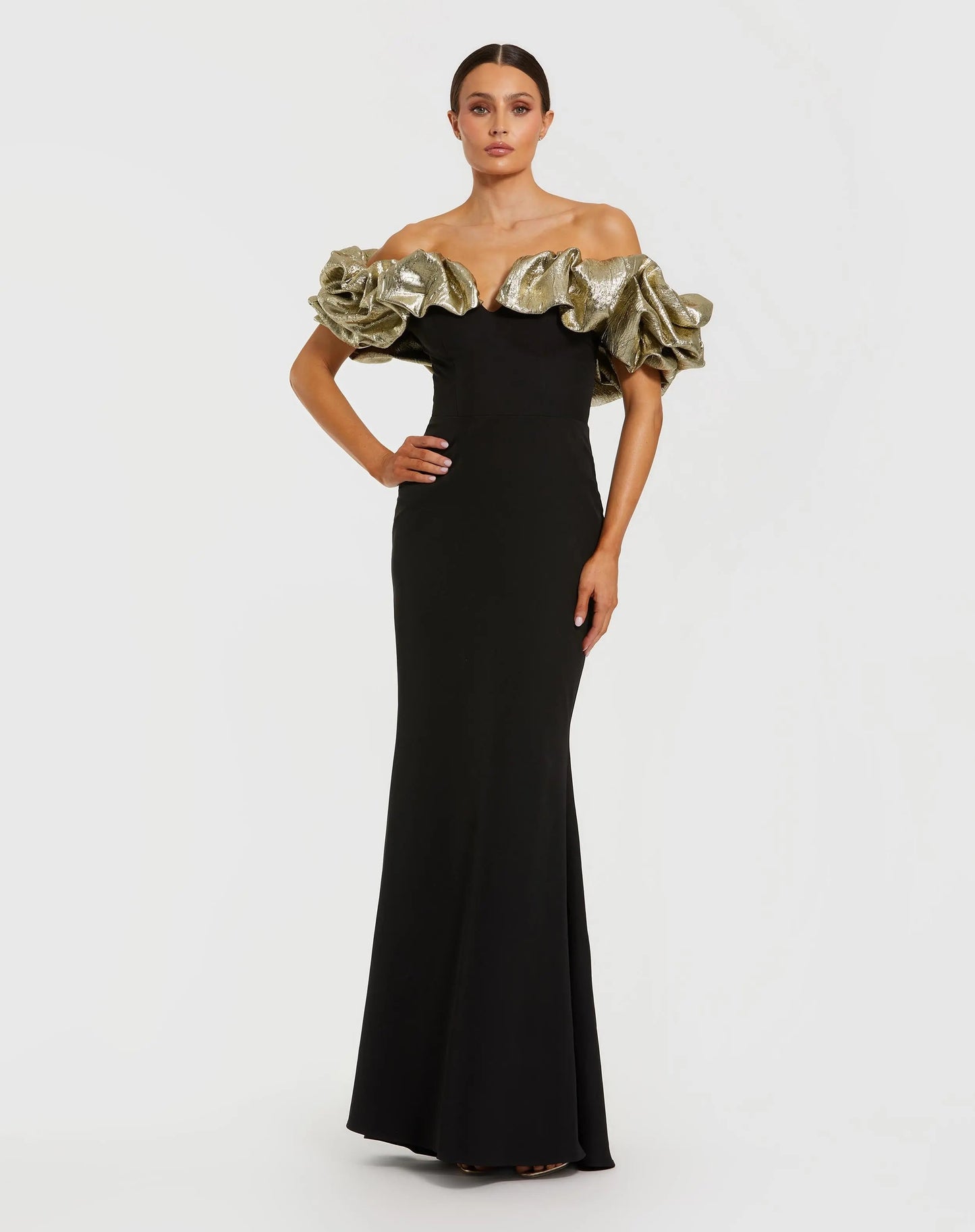 Ieena for Mac Duggal Black Mermaid Gown With Off The Shoulder Ruffle Detail