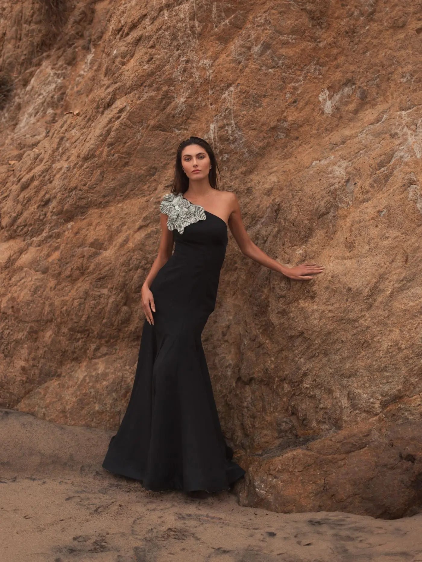 Mac Duggal Black Crepe One Shoulder Gown With Crystal Flower