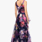 Betsy & Adam "CATALINA" PRINTED ORGANZA V-NECK FLOOR LENGTH DRESS