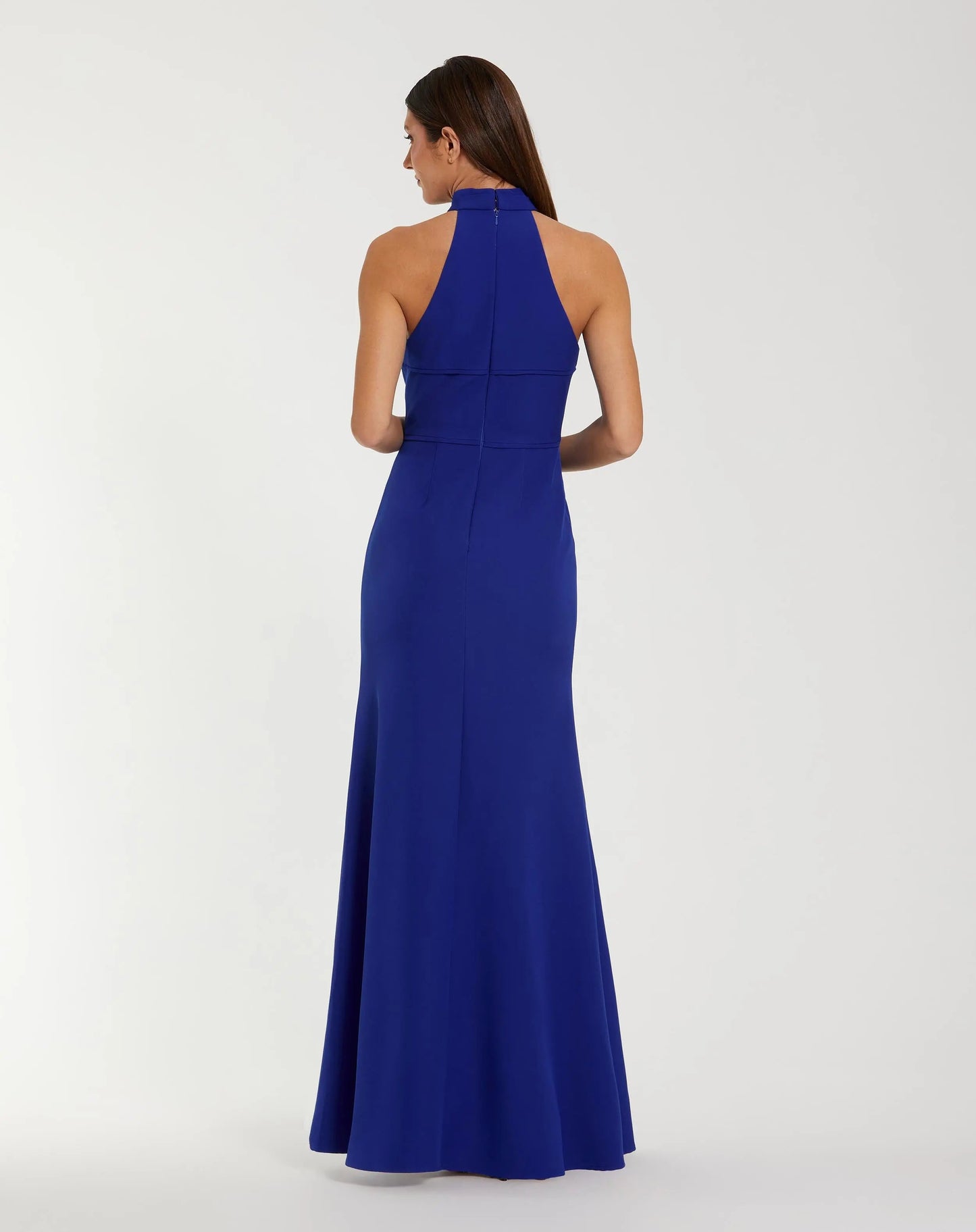 Mac Duggal Blue Sleeveless Halter Neck Gown with Rosette Detail