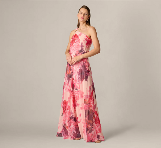 Adrianna Papell One Shoulder Peony Floral Chiffon Scarf Gown In Pink Multi