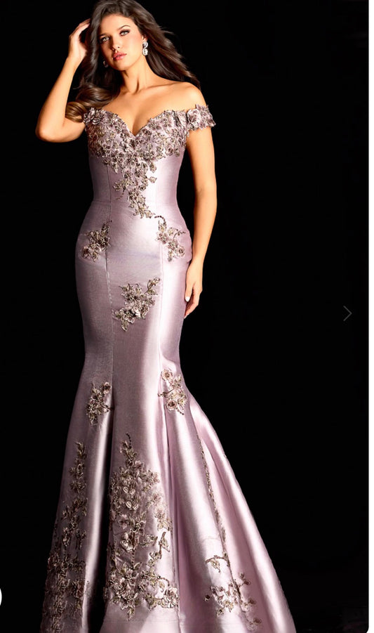 Jovani Off Shoulder Satin Gown with Floral Embroidery
