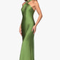Betsy & Adam Esmerelda Satin Double Knotted Halter Neck Floor Length Dress