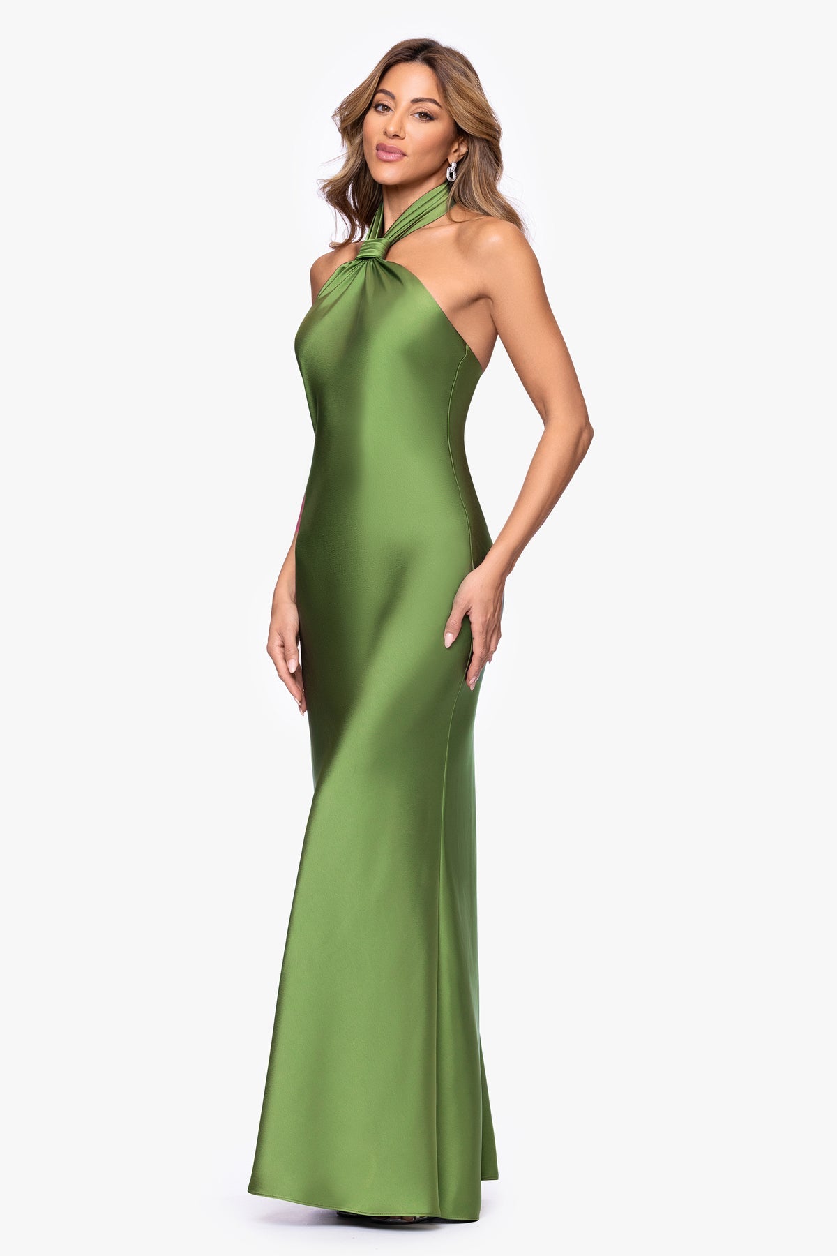 Betsy & Adam Esmerelda Satin Double Knotted Halter Neck Floor Length Dress