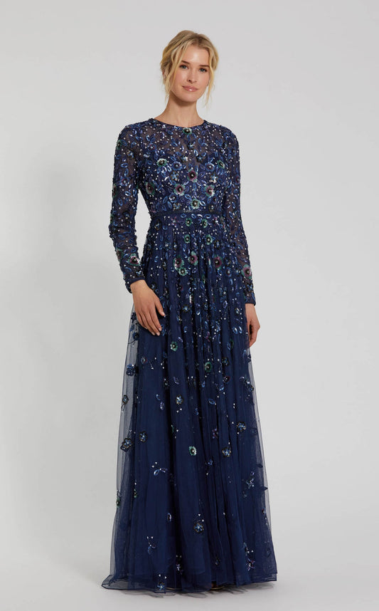 Mac Duggal Embellished High Neck Long Sleeve A Line Gown