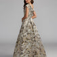 Mac Duggal Silver Floral Brocade Cap Sleeve Ball Gown