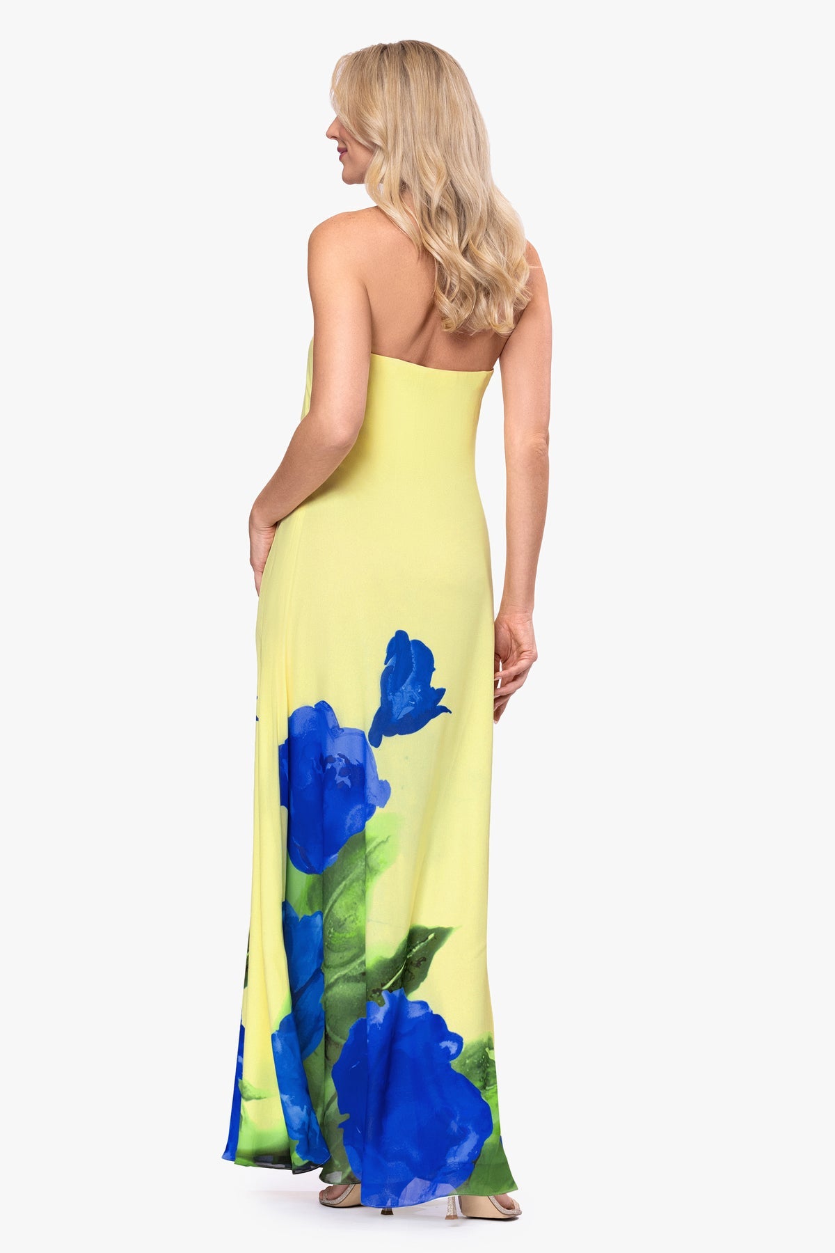 Betsy & Adam CARMEN CHIFFON STRAPLESS FLORAL FLOOR LENGTH DRESS