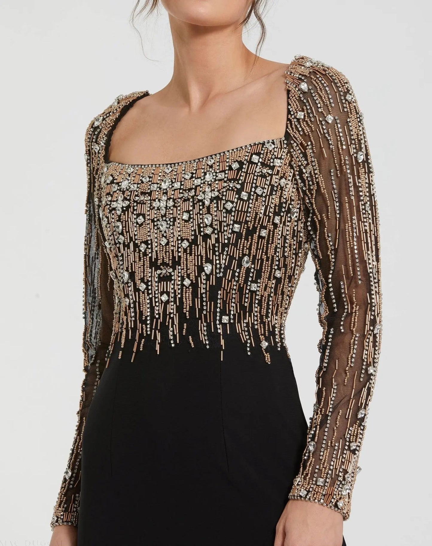 Mac Duggal Black Beaded Square Neck Long Sleeve Jersey Gown