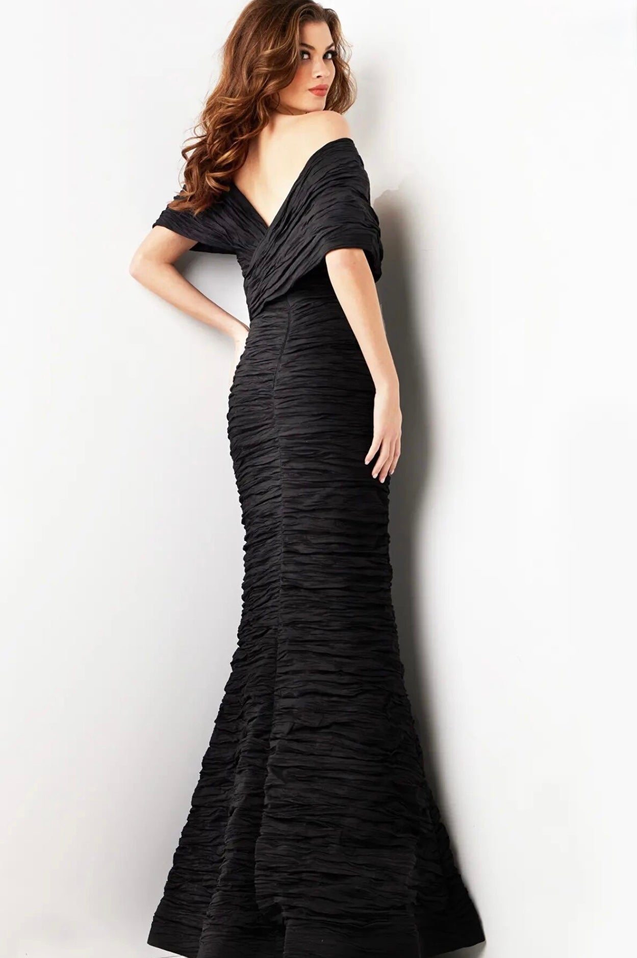 Jovani Black Off the Shoulder Sheath Crinkle Gown