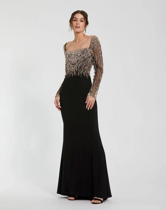 Mac Duggal Black Beaded Square Neck Long Sleeve Jersey Gown