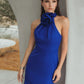 Mac Duggal Blue Sleeveless Halter Neck Gown with Rosette Detail
