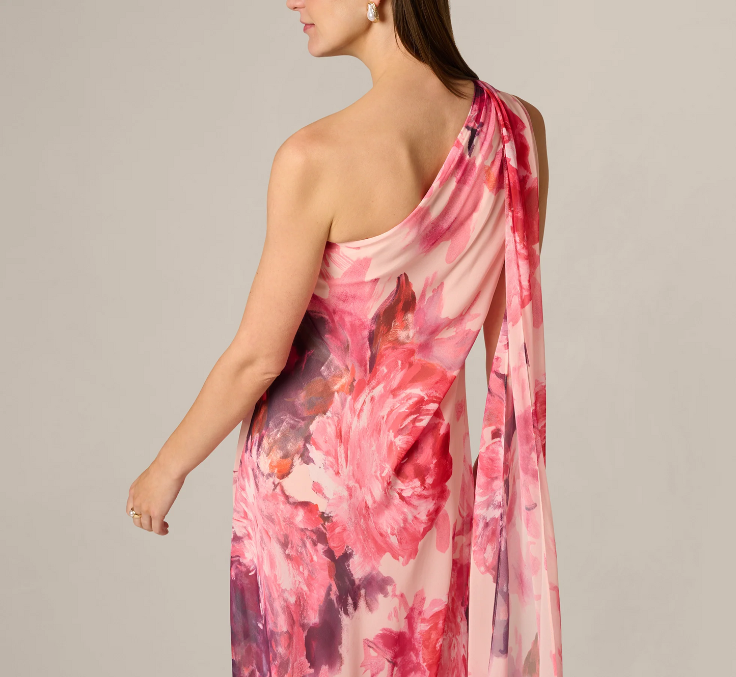 Adrianna Papell One Shoulder Peony Floral Chiffon Scarf Gown In Pink Multi