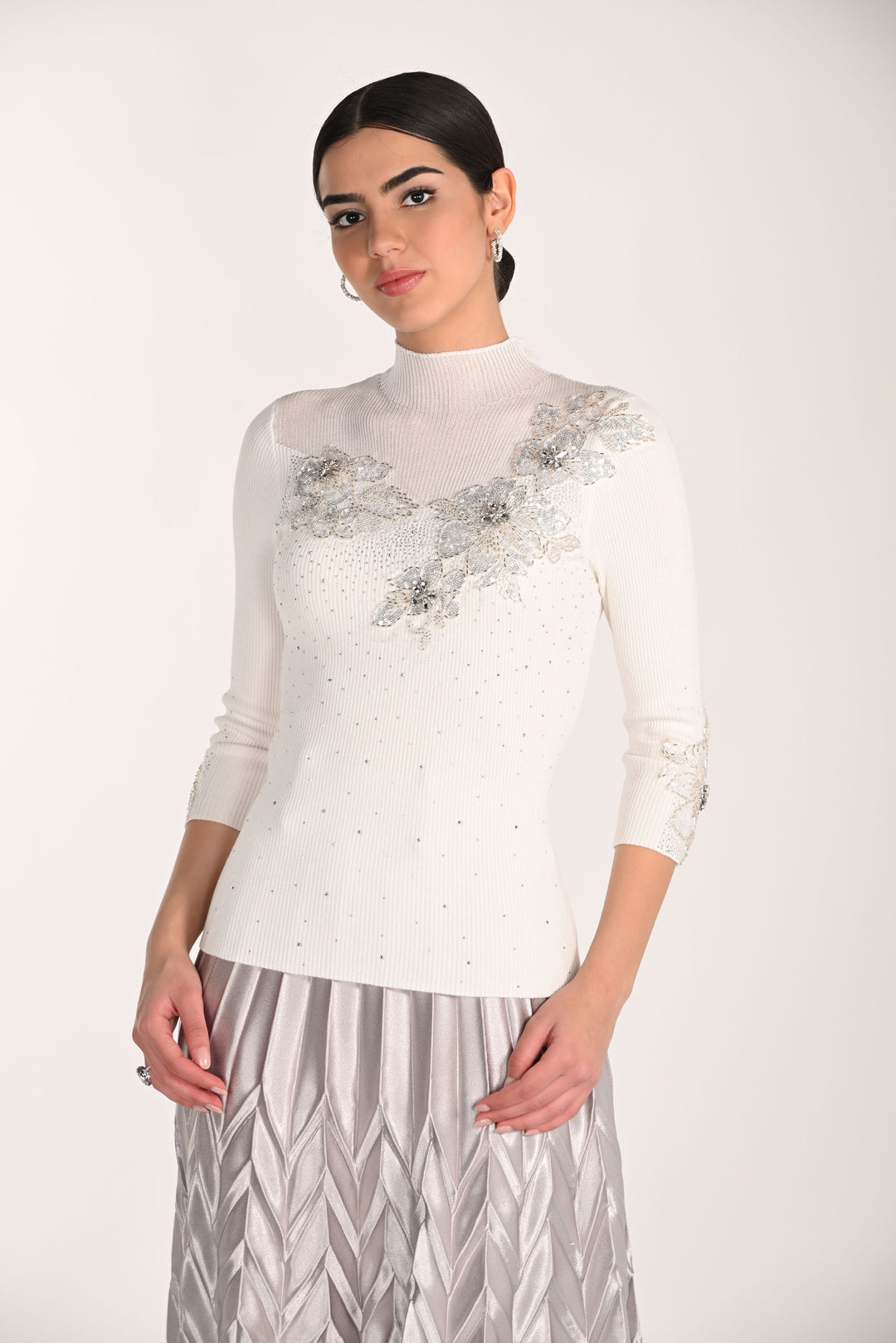 Frank Lyman Ribbed Sweater Knit Top with Floral Embroidery