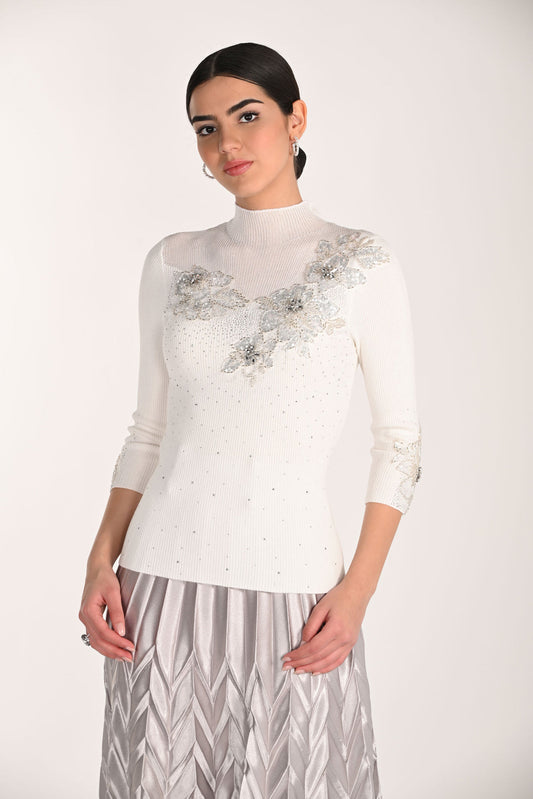 Frank Lyman Ribbed Sweater Knit Top with Floral Embroidery