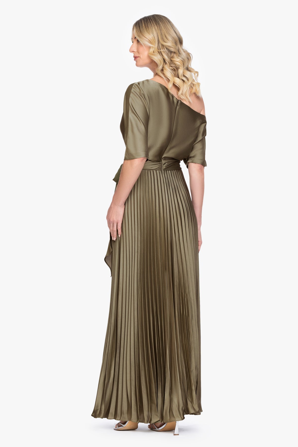 Betsy & Adam LEAH" PLEATED HAMMERED SATIN OFF THE SHOULDER BELTED DRESS