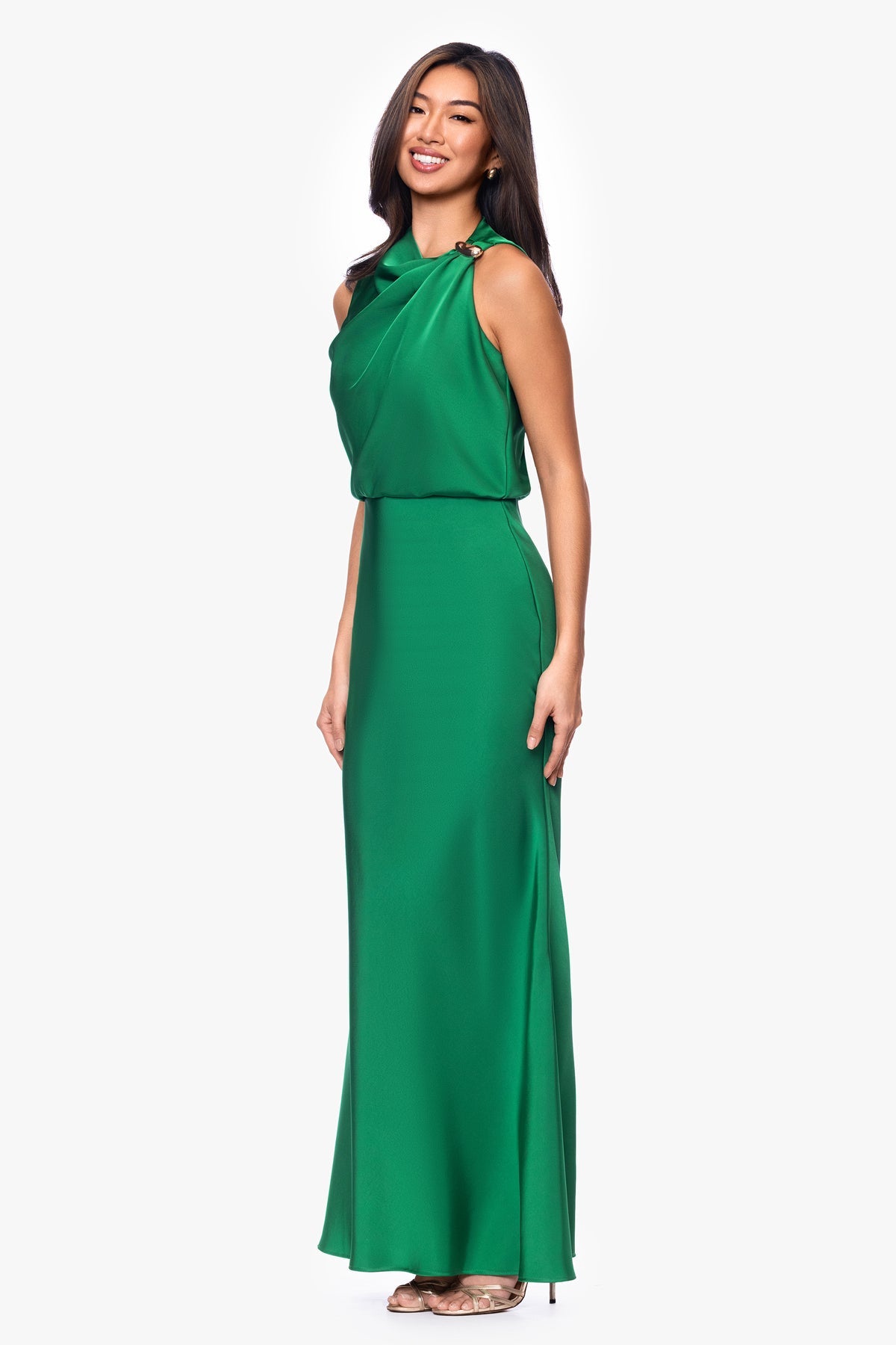 Betsy & Adam COLETTE SATIN ROUCHED TRIM FLOOR LENGTH DRESS