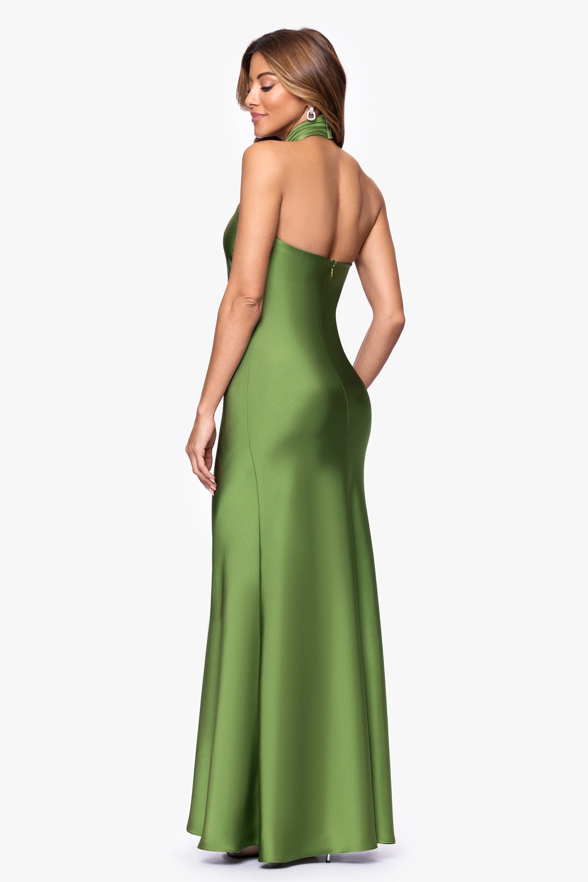 Betsy & Adam Esmerelda Satin Double Knotted Halter Neck Floor Length Dress