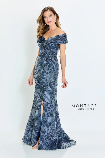 Montage off Shoulder Organza Chiffon Gown with Train
