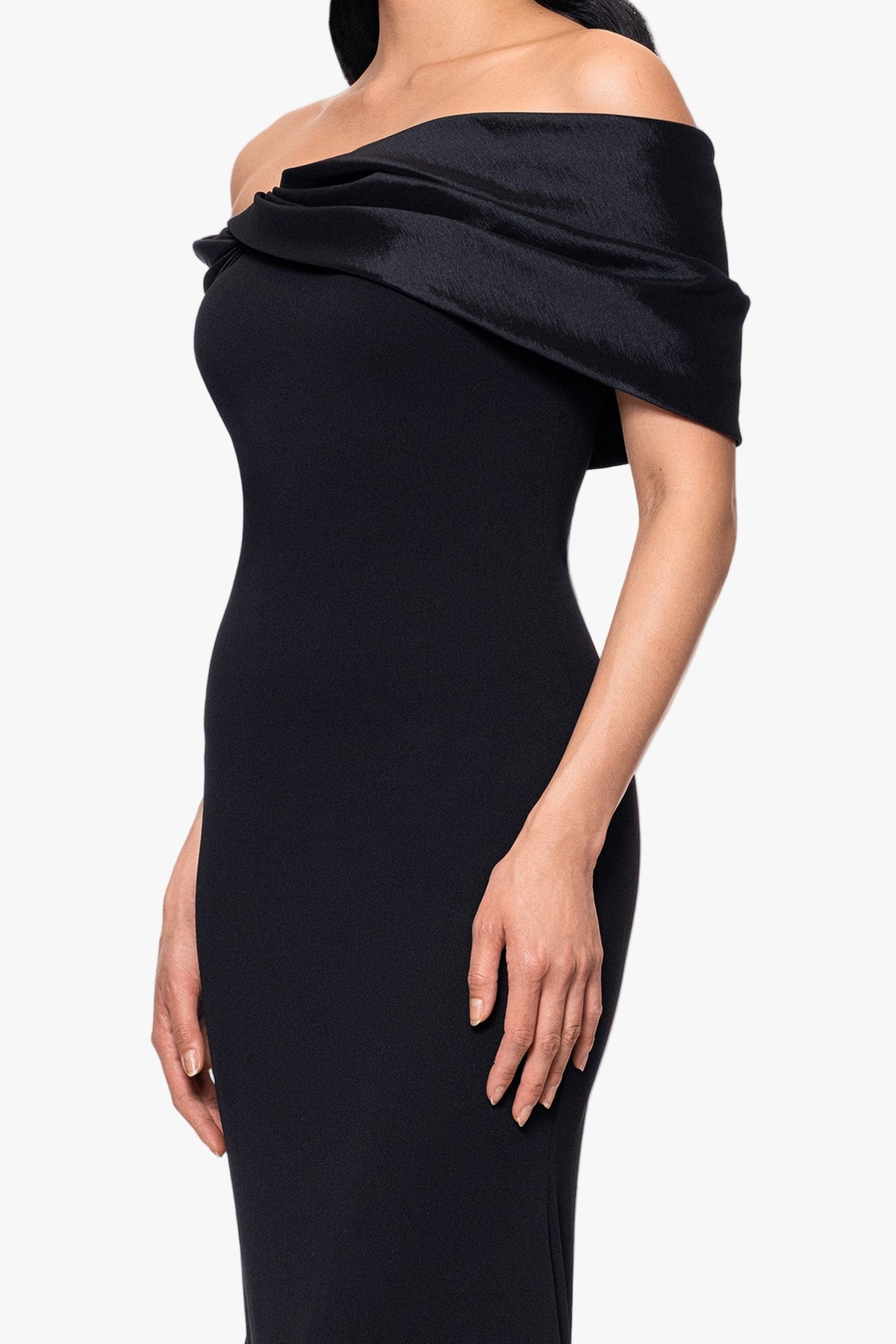 Betsy & Adam Michelle Scuba Crepe Off the Shouler Taffeta Trim Floor Length Dress