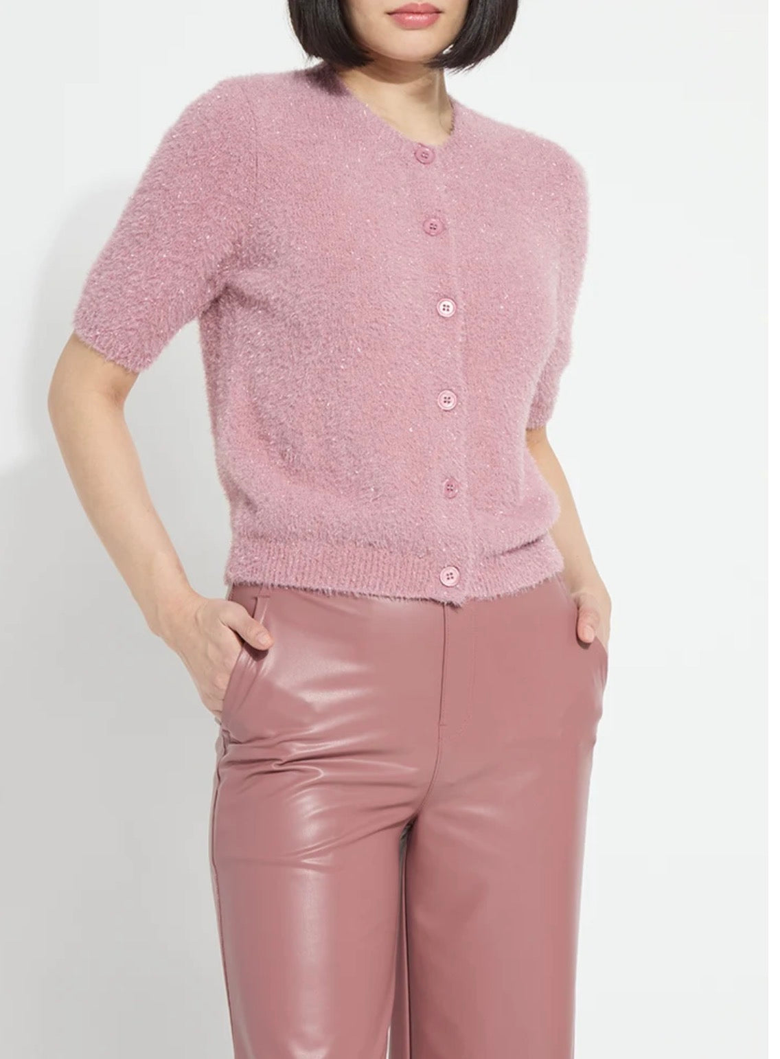 LYSSE OPALITE SHORT SLEEVE LUREX FEATHER CARDIGAN