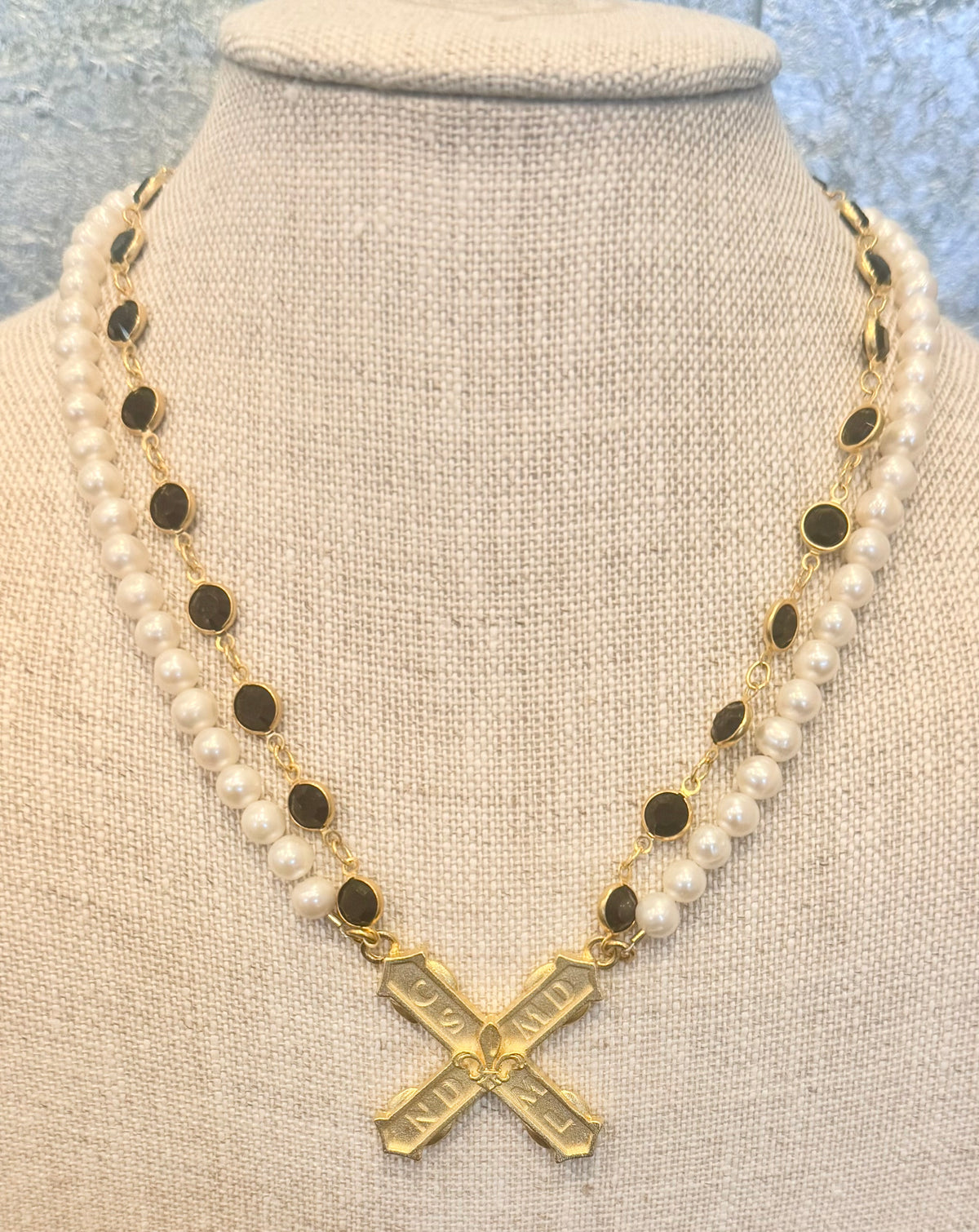 French Kande Double Stranded Pearls And Jet Austrian Crystal With French Kiss