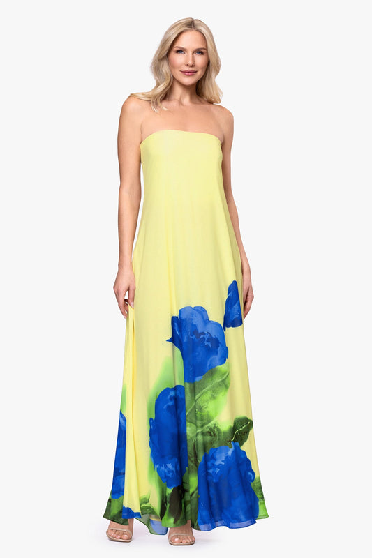 Betsy & Adam CARMEN CHIFFON STRAPLESS FLORAL FLOOR LENGTH DRESS