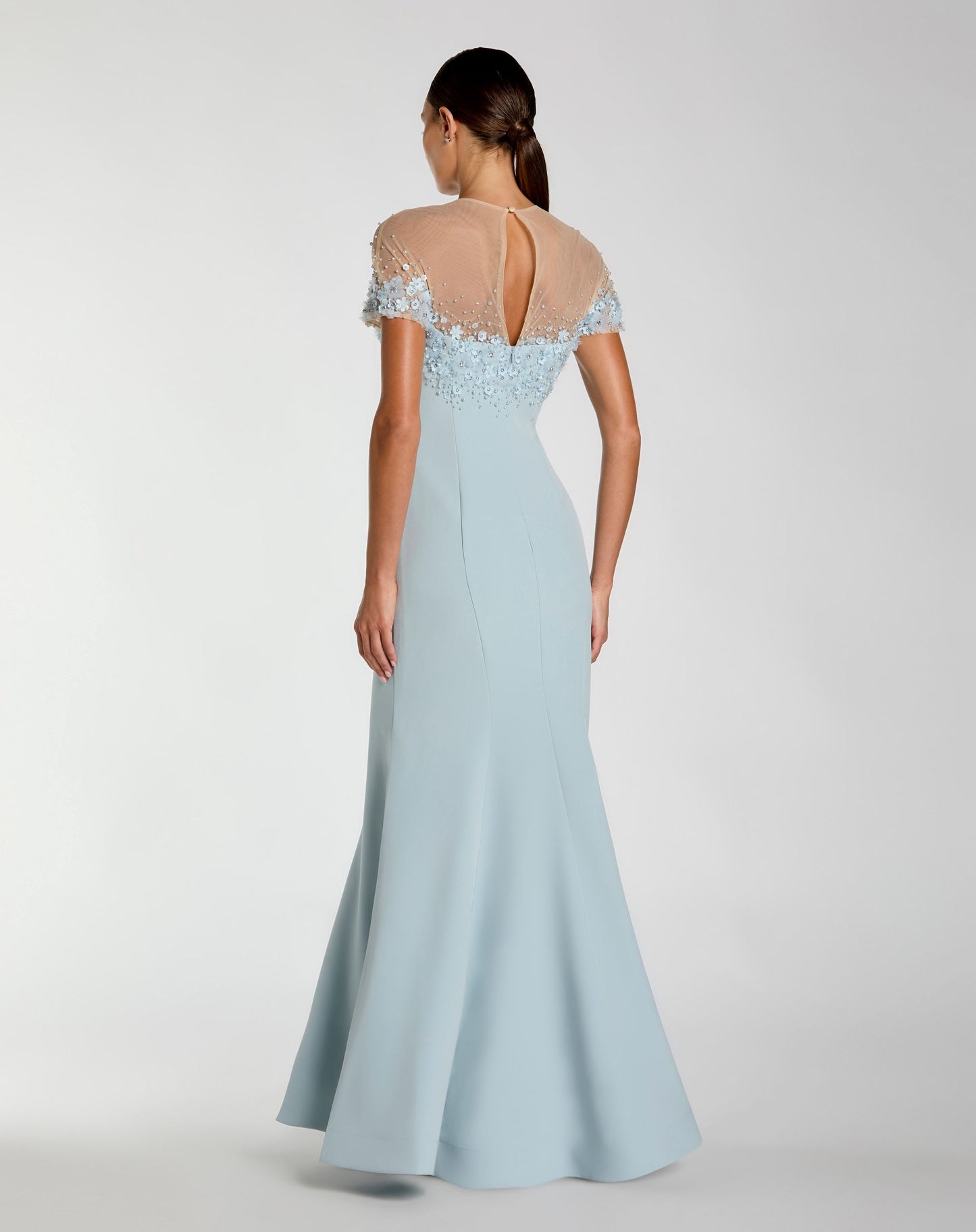 Mac Duggal Blue Crepe Mermaid Gown With Beaded Illusion Neck