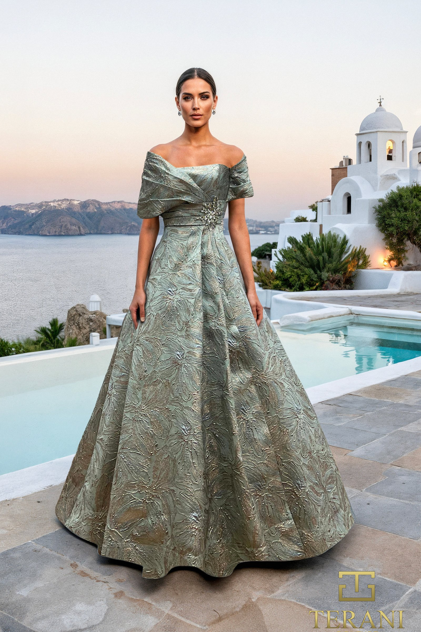 Terani Couture Off-Shoulder Jacquard A-Line Ballgown With Shawl Sleeves