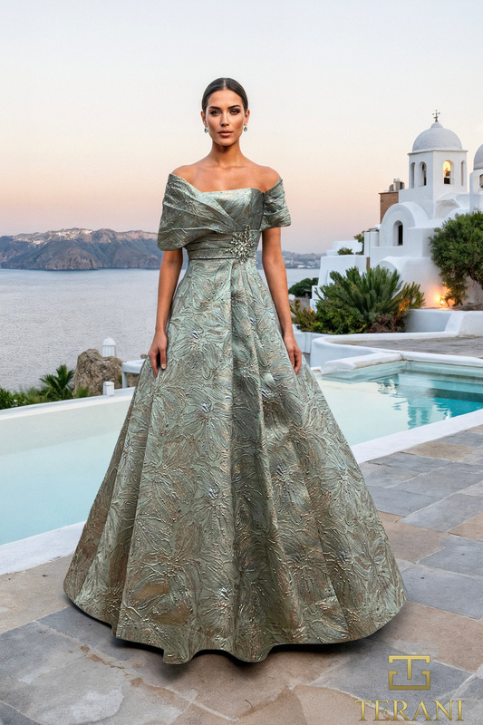 Terani Couture Off-Shoulder Jacquard A-Line Ballgown With Shawl Sleeves