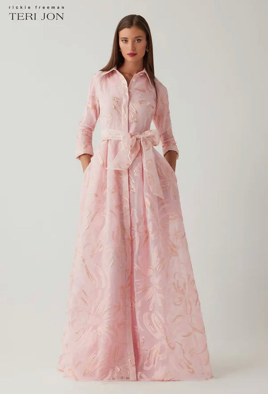 Teri Jon by Rickie Freeman Metallic Organza Jacquard Shirt Waist Gown