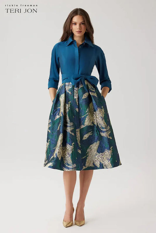 Teri Jon Taffeta Shirt Dress With Metallic Jacquard Skirt