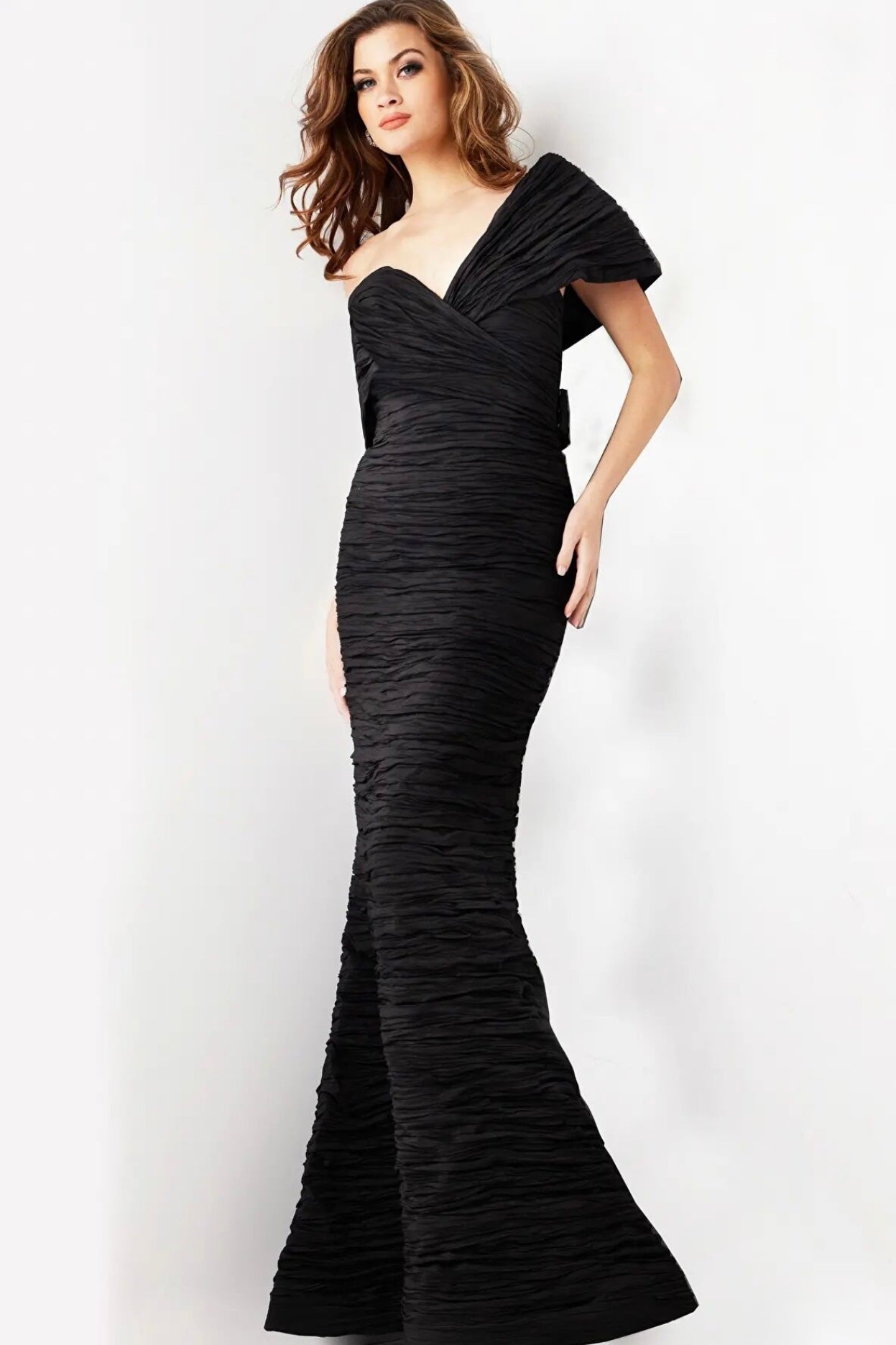 Jovani Black Off the Shoulder Sheath Crinkle Gown