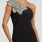 Mac Duggal Black Crepe One Shoulder Gown With Crystal Flower