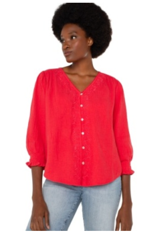 3/4 slv embroidered woven blouse