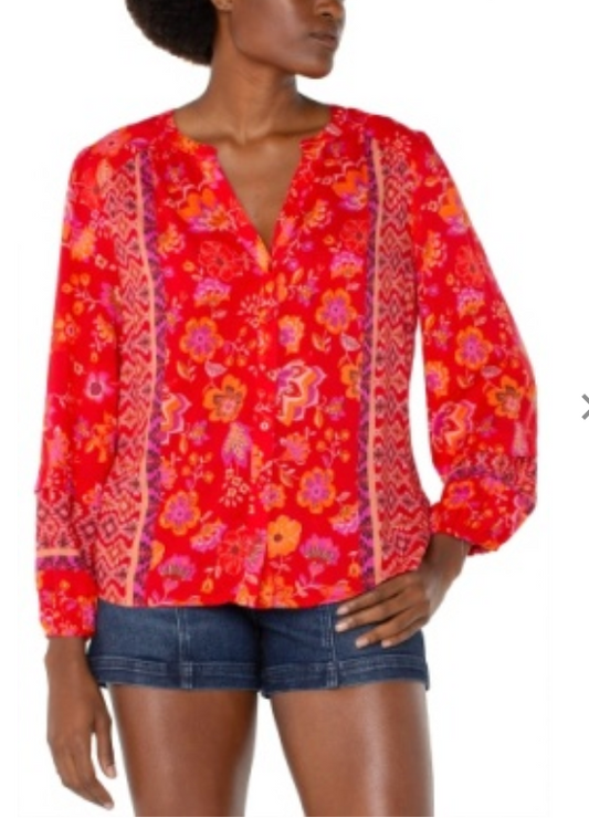 long slv button front shirred wvn blouse