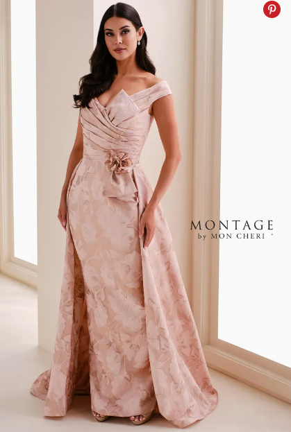 Montage by MON CHERI Brocade Off-Shoulder Sheath Gown w/ 3D Flower