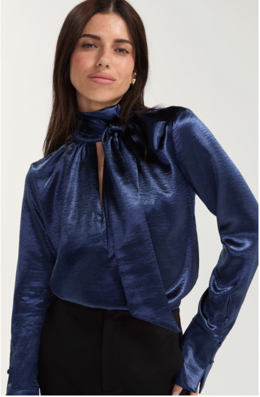 Long Sleeve Woven Blouse W/ Back Necktie