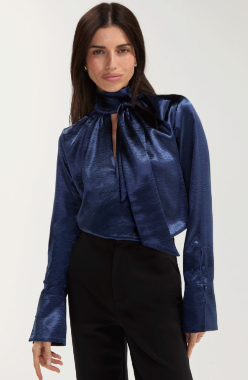 Long Sleeve Woven Blouse W/ Back Necktie