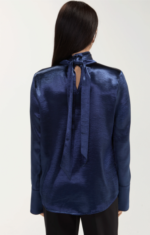 Long Sleeve Woven Blouse W/ Back Necktie