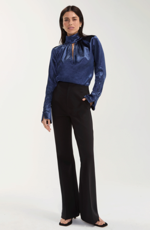 Long Sleeve Woven Blouse W/ Back Necktie