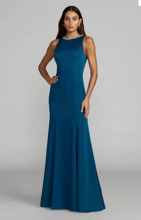 Mac Duggal Rhinestone Embellished High Neck Satin Gown