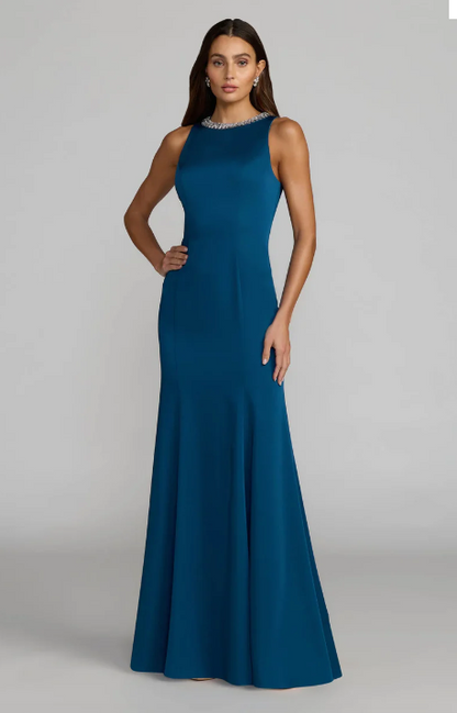 Mac Duggal Rhinestone Embellished High Neck Satin Gown